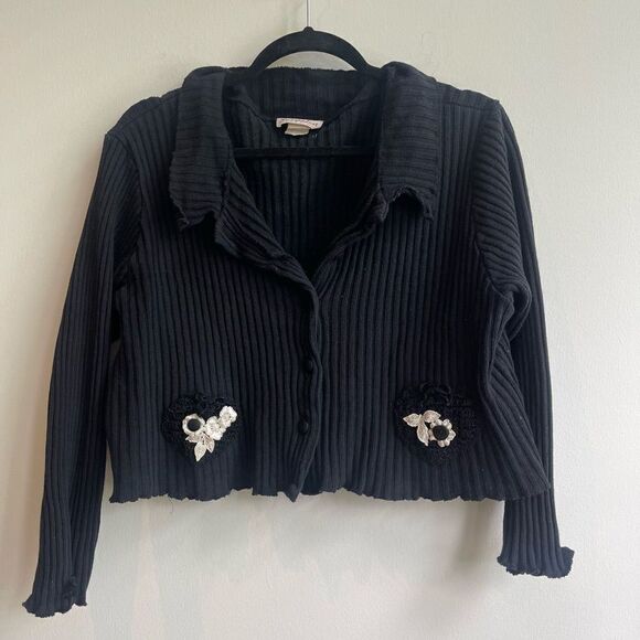 Vintage Y2K Ribbed Button Washed Black Crop Top w/ Knit Detail - Medium - Picture 1 of 5